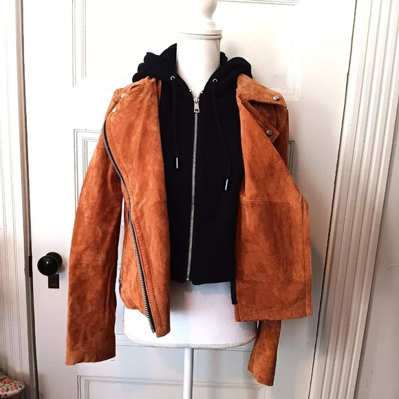 7 For All Mankind Leather Suede Moto Jacket Remove-able Hood Cognac / Black - Picture 4 of 7